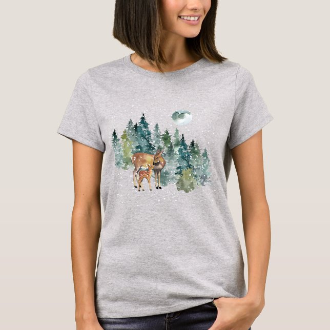 Doe Fawn Deer Forest Full Moon Snowfall Christmas T-Shirt (Front)