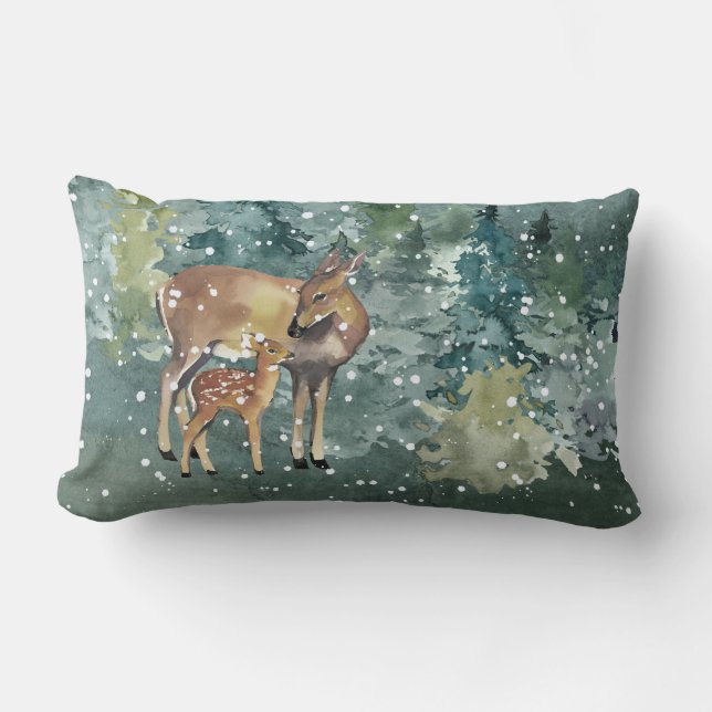 Doe Fawn Deer in Forest Snowfall Lumbar Pillow (Front)