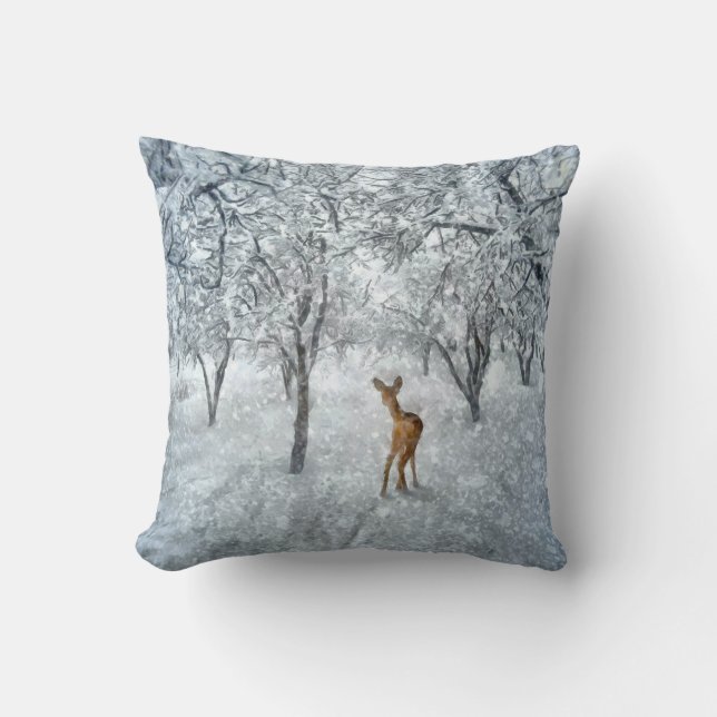 Doe in Silver Winter Snow Fall Watercolor Throw Pillow (Front)