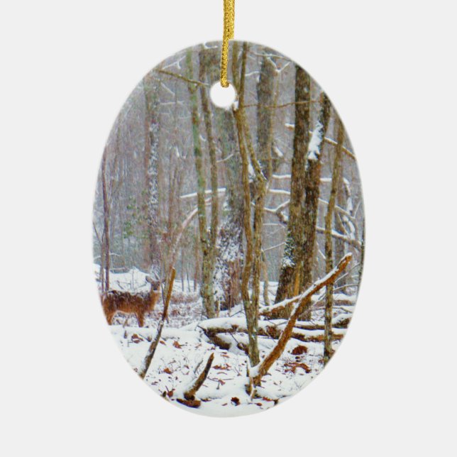 Doe in the snow, Deer in Lake Arrowhead Ceramic Ornament (Front)