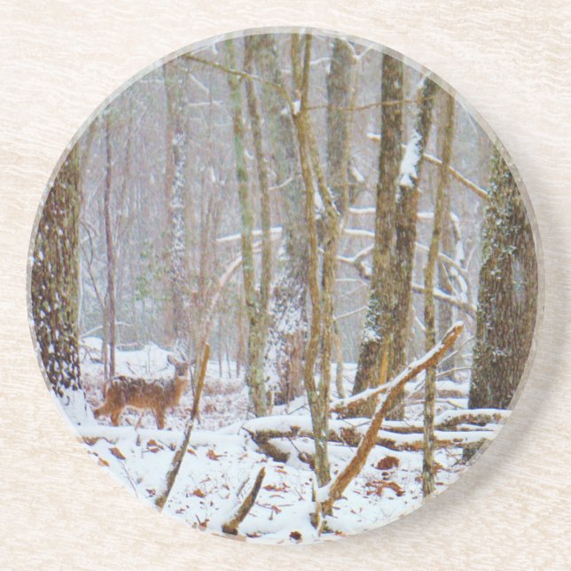 Doe in the snow, Deer in Lake Arrowhead Coaster (Front)