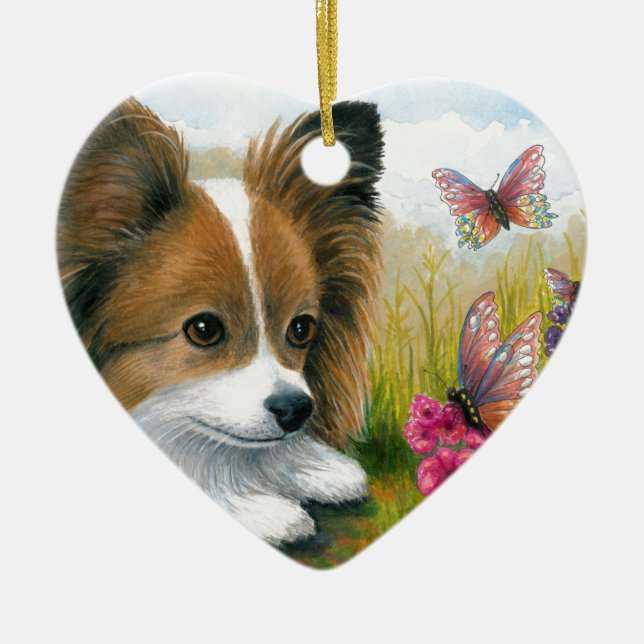 Dog 123 Papillon dog with Butterflies Ceramic Ornament (Front)