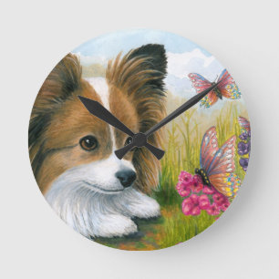 Dog 123 Papillon dog with Butterflies Round Clock