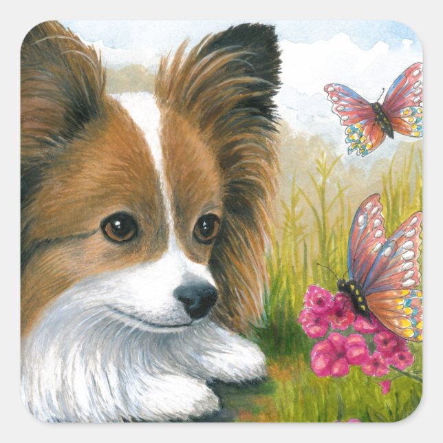Dog 123 Papillon dog with Butterflies Square Sticker (Front)