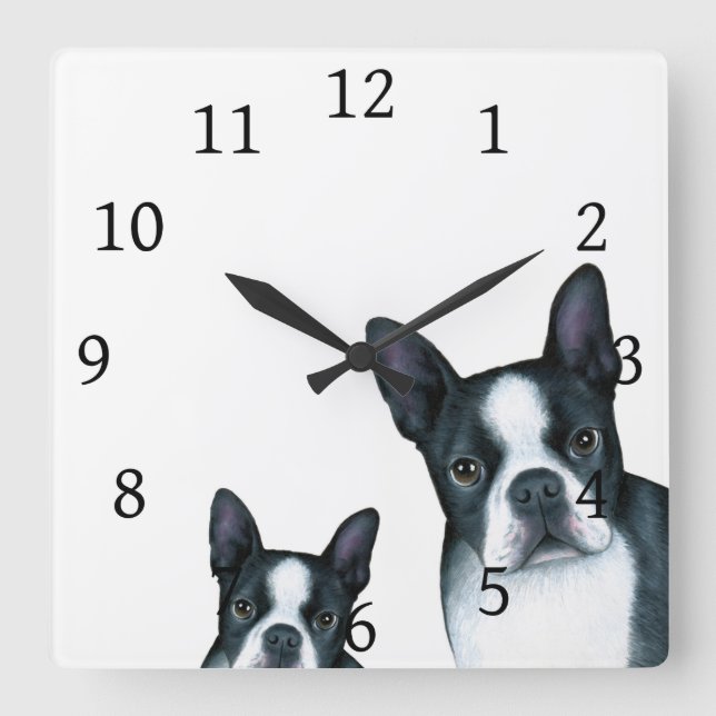 Dog 128 Black White Boston Terrier Square Wall Clock (Front)