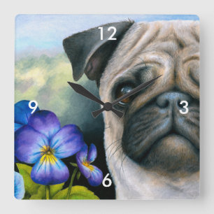 Dog 133 Pug Blue Purple Flower Square Wall Clock