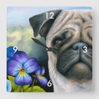 Dog 133 Pug Blue Purple Flower Square Wall Clock