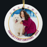 Dog 1st Christmas - Photo Name & Year - White Gold Ceramic Ornament<br><div class="desc">Personalize this photo holiday ornament to celebrate your pet or dog's first Christmas. The template is set up ready for you to add your photo, your dog's name and the year. The design has a colour palette of winter berry, white and gold. The back of the ornament is decorated with...</div>
