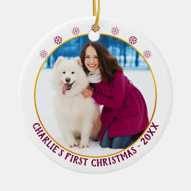 Dog 1st Christmas - Photo Name & Year - White Gold Ceramic Ornament (Front)