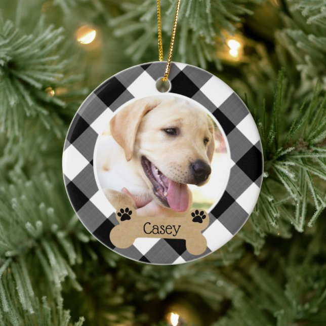 Dog 2-Sided 2-Photo Buffalo Check Ceramic Ornament (Tree)