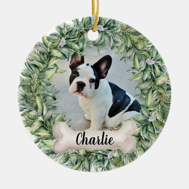 Dog 2 Sided 2 Photo Wreath Name Year Ceramic Ornam Ceramic Ornament (Front)