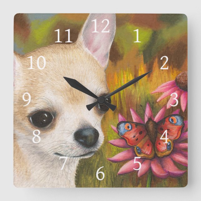 Dog 85 Chihuahua Butterfly Square Wall Clock (Front)