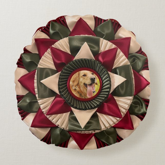 Dog A.K.C. Title Photo Ribbon Rosette Round Pillow (Front)