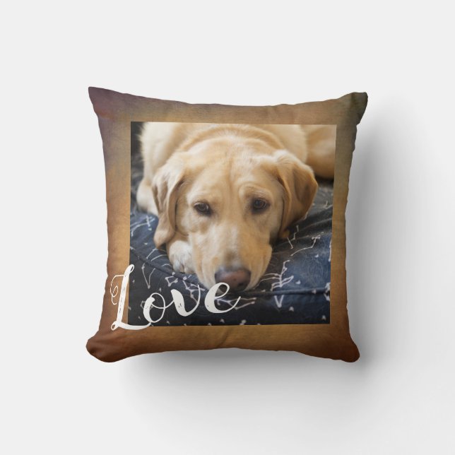 dog add your own  photo and text on brown throw pillow (Front)