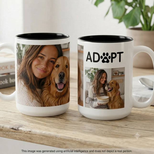 Dog adoption photo collage Two-Tone coffee mug (Two photos of a woman and her dog displayed on a coffee mug for a special Gotcha Day celebration.)