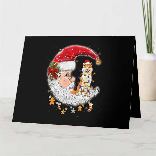 Dog Akita With Santa Hat Christmas Tree Lights Card (Front)
