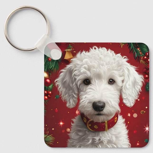 Dog Amid Christmas Decorations Keychain (Front)
