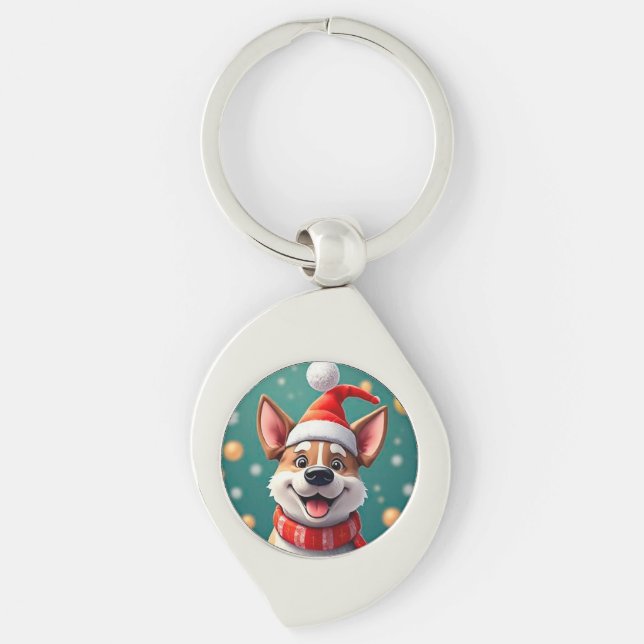 Dog Among Festive Christmas Decorations Keychain (Front)