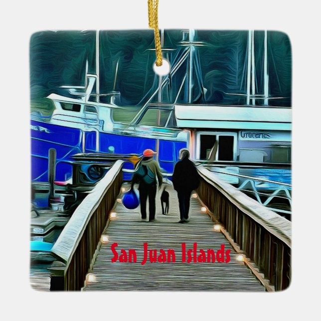 Dog and Boaters San Juan Islands Ceramic Ornament (Front)