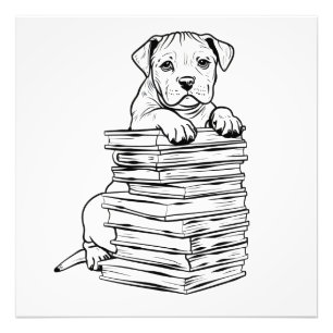 Dog and Books Line Art Photo Print