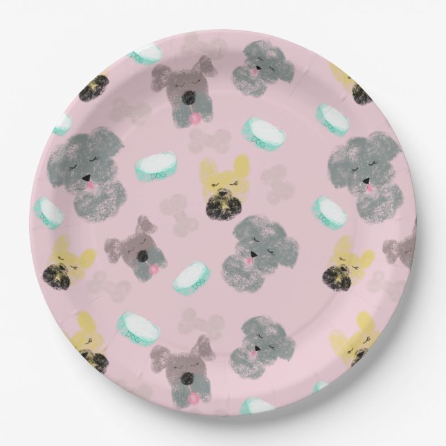 Dog and Bowls Pet Pattern Pink Blue Paper Plate (Front)
