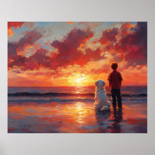 Dog and Boy Watching Sunset on the Beach Poster