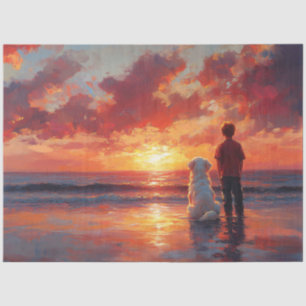 Dog and Boy Watching Sunset on the Beach Tissue Paper