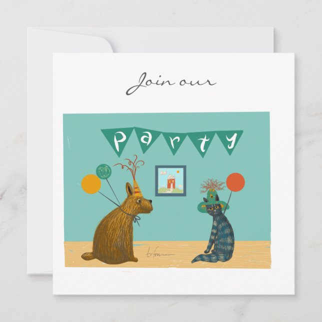 Dog and cat dressed up party hats invitation (Front)