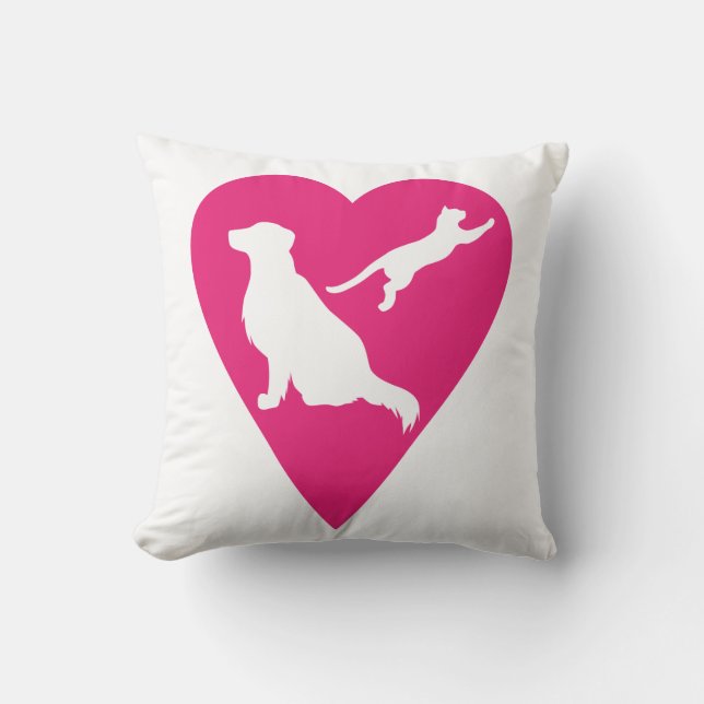 Dog and Cat Heart Throw Pillow (Front)