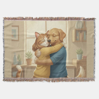 Dog and Cat Hugging Whimsical Woven Throw Blanket