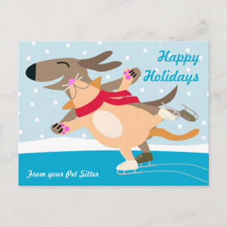 Dog and Cat Ice Skating-Happy Holidays Holiday Postcard