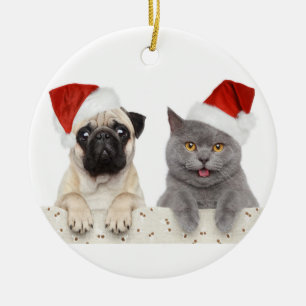 Dog And Cat In Red Christmas Hat Ceramic Ornament