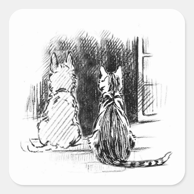 Dog and Cat Looking Out Window, Pet Sympathy Square Sticker (Front)