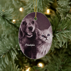 Dog and Cat, Looking Up Personalized Ceramic Ornament