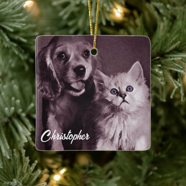 Dog and Cat, Looking Up Personalized Ceramic Ornament (Tree)