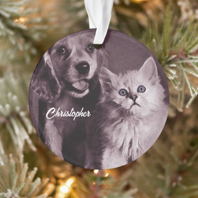 Dog and Cat, Looking Up Personalized Ornament (Tree)