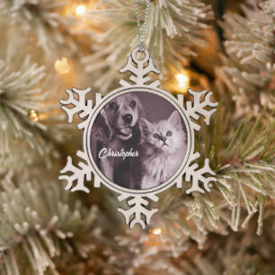 Dog and Cat, Looking Up Personalized Snowflake Pewter Christmas Ornament