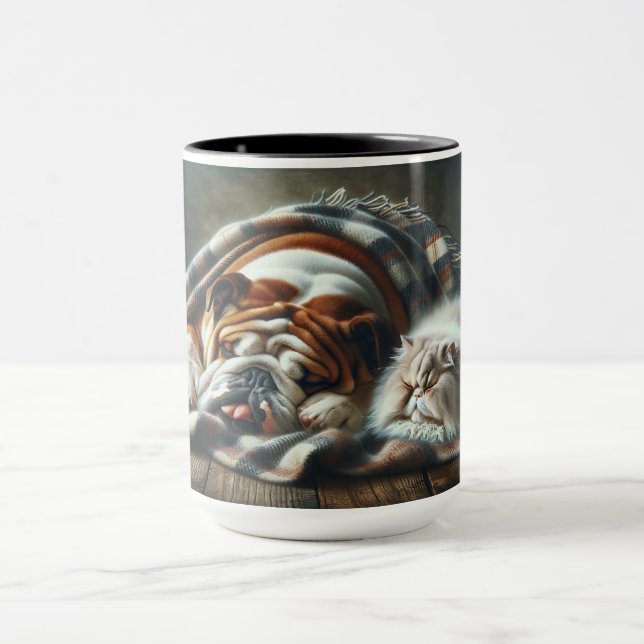 dog and cat napping together. mug (Center)