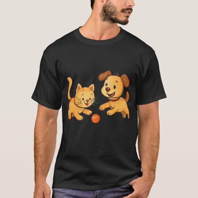 Dog and Cat Playing Ball Together T-Shirt (Front)