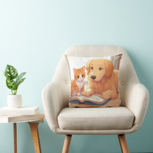 Dog and cat reading a book throw pillow