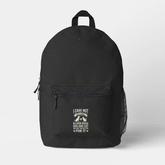 Dog and Cat Religion Quote Printed Backpack (Front)