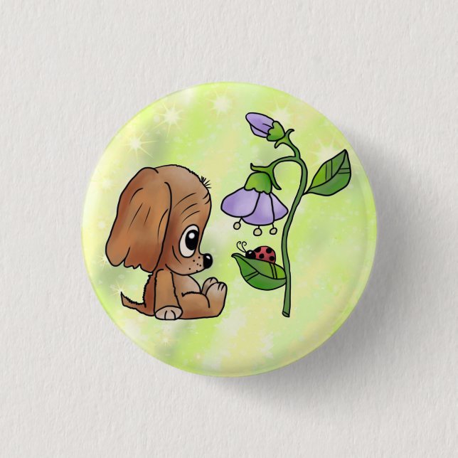 dog and flower 1 inch round button (Front)