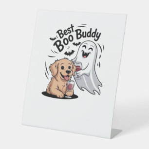 Dog and ghost drinking wine. Classic T-Shirt Pedestal Sign