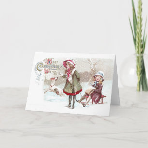 Dog and Girl on Sled Vintage Christmas Holiday Card