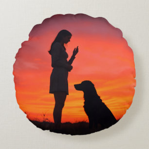 dog and girl Throw Pillows
