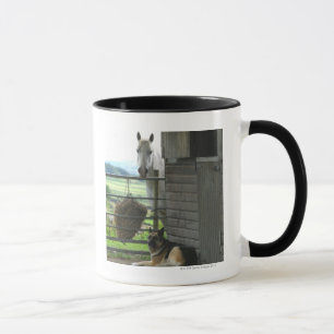 Dog and horse at ranch in Menton, France Mug