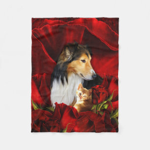 Dog and Kitten embedded in Red Roses Fleece Blanket