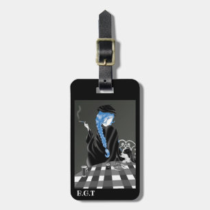Dog and Lady at café  Luggage Tag