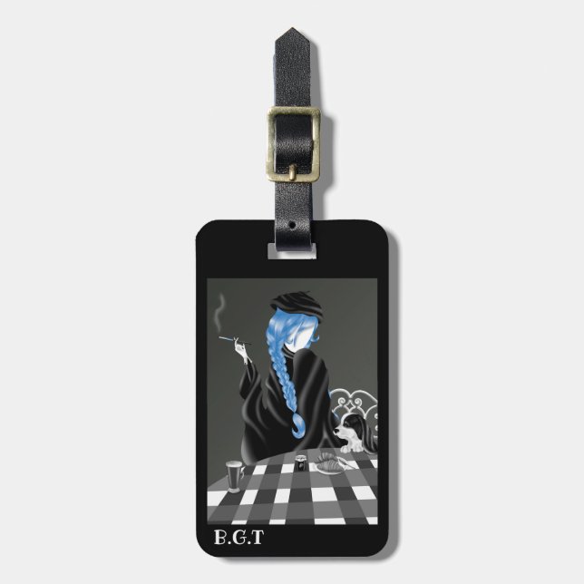 Dog and Lady at café  Luggage Tag (Front Vertical)