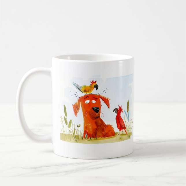 Dog and Parrots Cartoon Coffee Mug (Left)